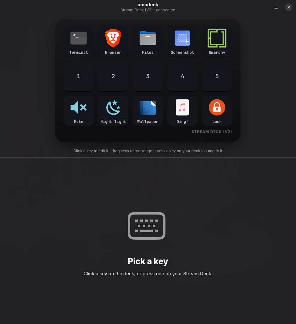 The omadeck configurator: a Stream Deck with the starter layout above an editor showing a Launch app action for the Terminal key.